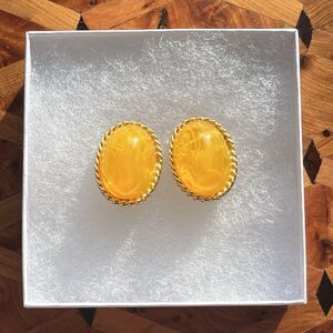Vintage Statement Runway Couture Les Bernard Amber Bakelite Earrings Cabochon